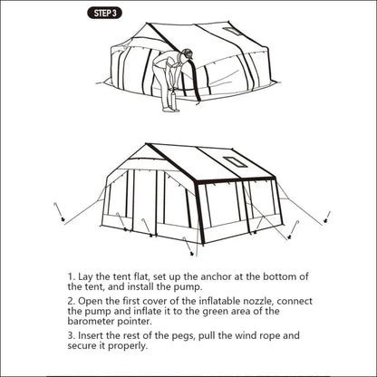 Aufblasbares zelt camping-villa: einfache aufbauanleitung in zwei phasen illustriert