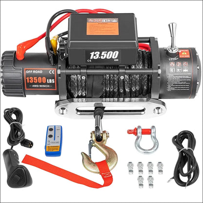 Nahaufnahme eines 13500 lbs 12v elektrischen seilzuges mit fernbedienung und synthetischem seil