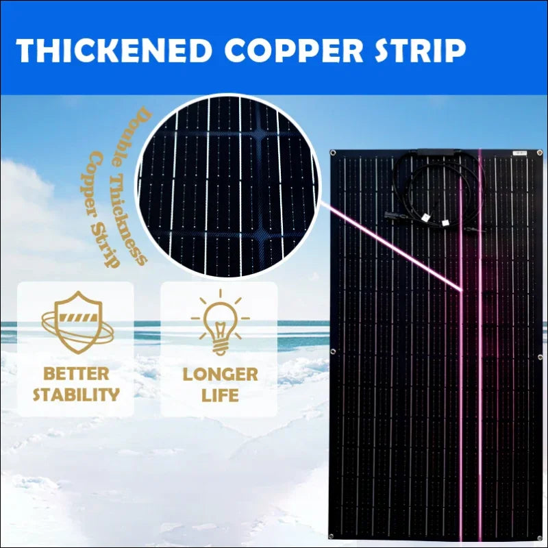 Solarpanel flexibel mit Garantie zeigt dicke Kupferstreifen im Solarmodul 1050x535