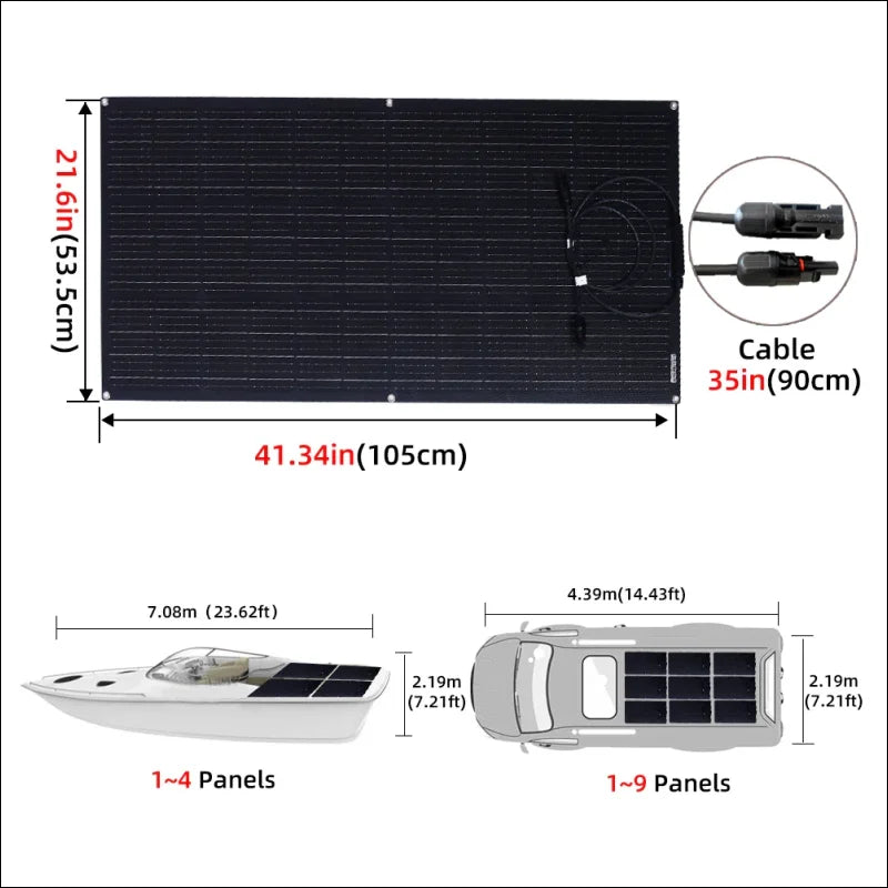 Solarpanel flexibel mit Garantie, ETFE Solarmodul 1050x535 mit Kabeldetails