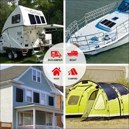 Collage mit RV Camper, Boot, Haus und Campingzelt für Solarpanel flexibel mit Garantie