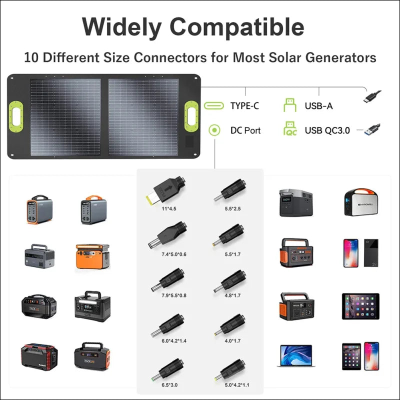 Tragbares solarpanel-ladegerät mit mehreren anschlussmöglichkeiten für verschiedene geräte und solargeneratoren.
