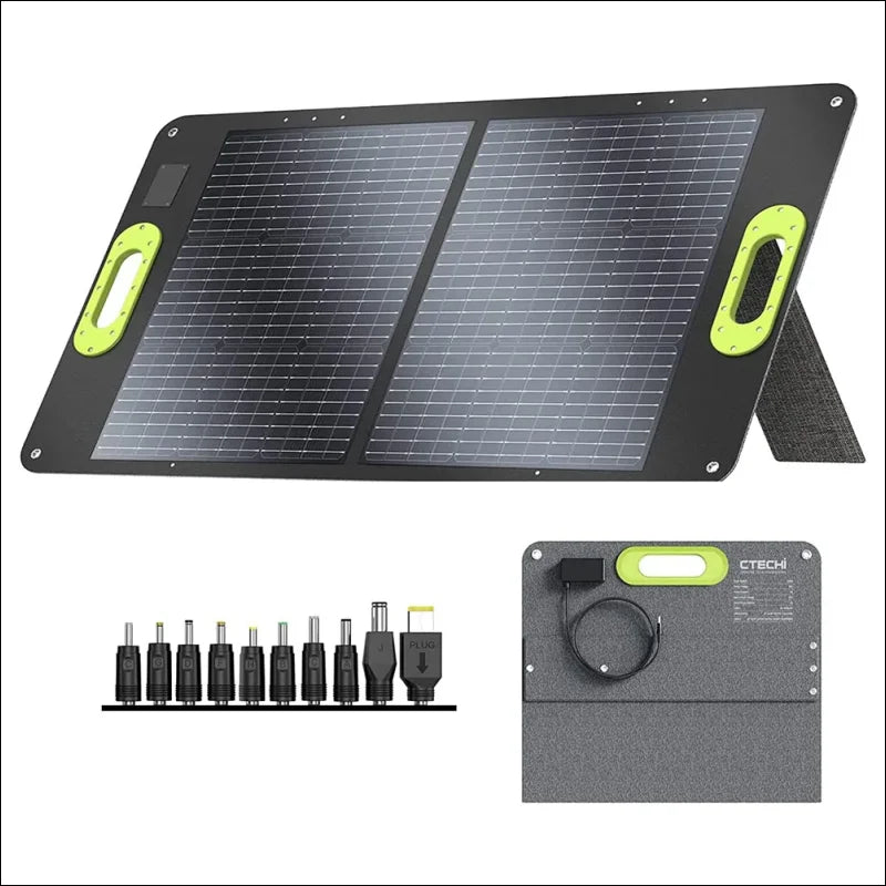 Tragbares solarpanel-ladegerät mit neongrünen griffen und mehreren anschlüssen.