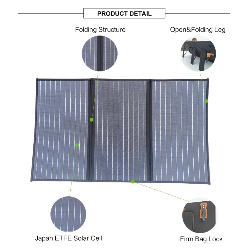 Faltbares solarpanel mit drei abschnitten und detaillierten produkteigenschaften.