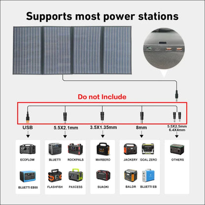 Faltbares solarpanel mit mehreren anschlussmöglichkeiten für verschiedene tragbare kraftwerke.