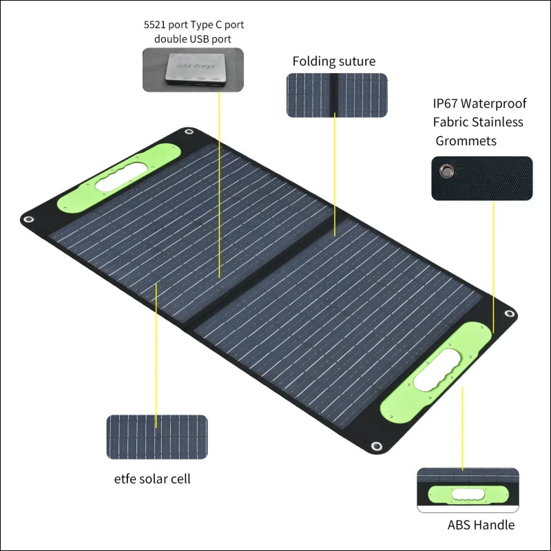 Tragbares solarpanel-ladegerät mit mehreren gekennzeichneten funktionen, darunter usb-anschlüsse, wasserdichtes gewebe und faltbares design.