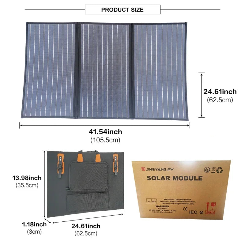 Faltbares solarmodul mit drei teilen und tragetasche.