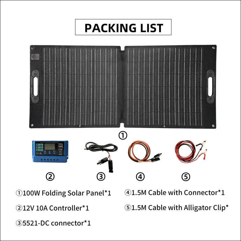 Faltbares solarpanel mit zugehörigen kabeln, regler und steckern.