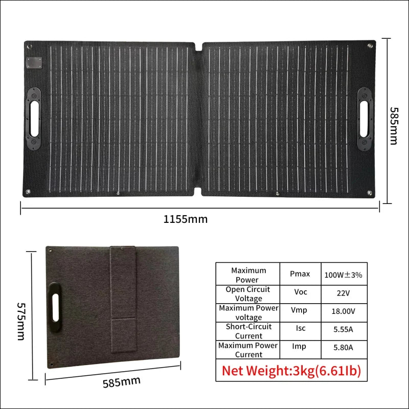 Faltbares solarpanel mit technischen daten und abmessungen.