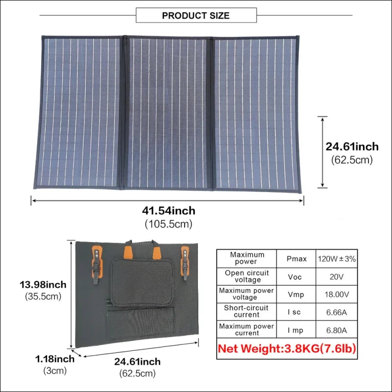 Faltbares solarmodul mit angabe der technischen daten und abmessungen.