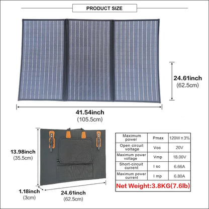 Faltbares solarmodul mit angabe der technischen daten und abmessungen.