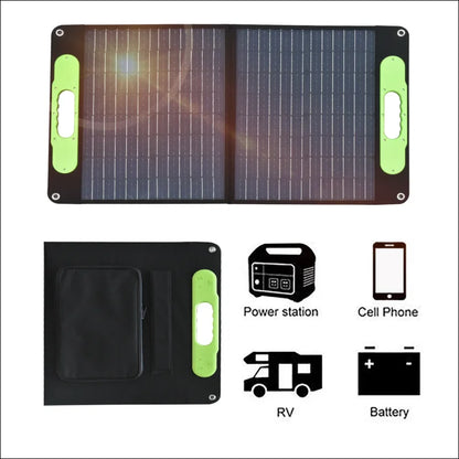 Tragbares solarpanel-ladegerät mit grünen griffen und faltbarem design.