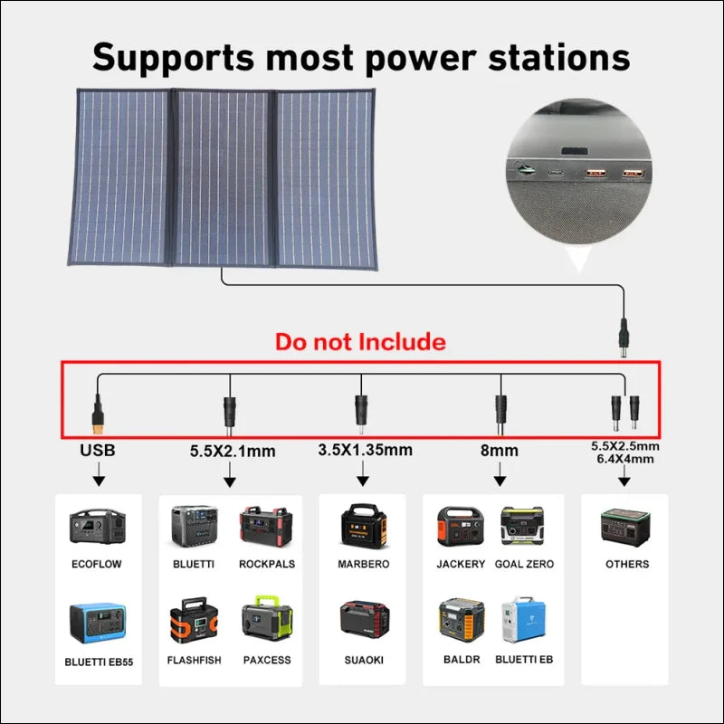 Faltbares solarpanel mit mehreren anschlussmöglichkeiten für verschiedene tragbare kraftwerke.