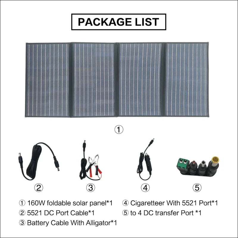 Faltbares solarmodul mit 160 w leistung und dazugehörigen anschlusskabeln und adaptern.