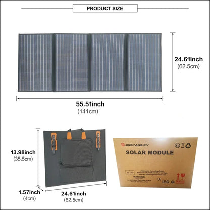 Faltbares solarmodul mit vier teilen und dazugehöriger aufbewahrungstasche.