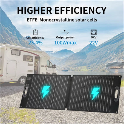 Tragbares faltbares solarpanel mit blauen blitzsymbolen.