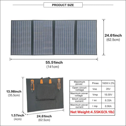 Faltbares solarpanel mit technischen daten und abmessungen.