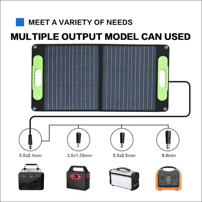 Tragbares solarpanel-ladegerät mit mehreren ausgangsanschlüssen für verschiedene geräte.