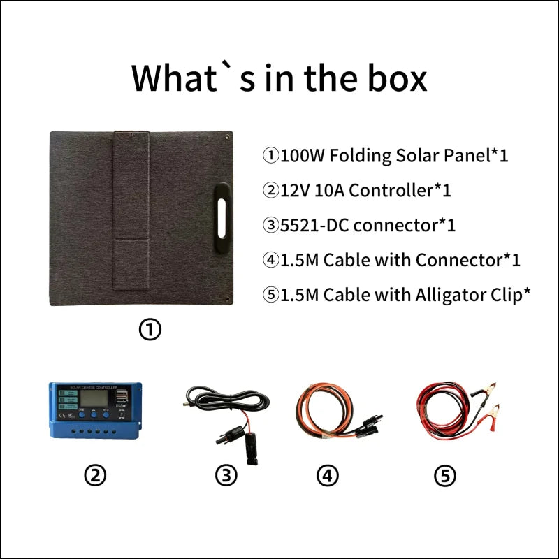 Faltbares solarpanel-kit mit regler und verschiedenen kabeln.