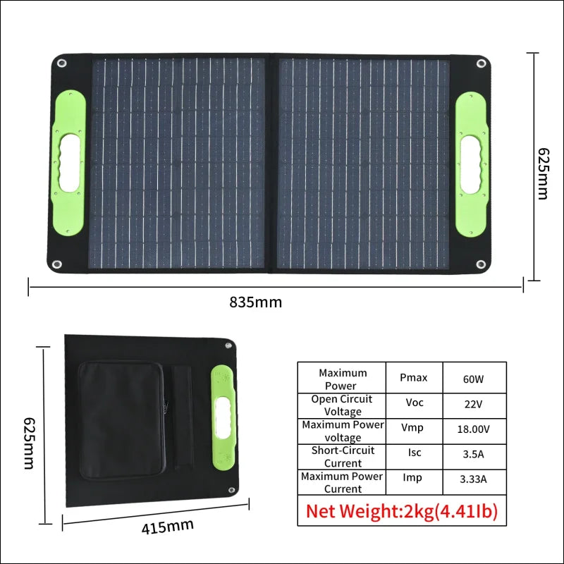 Tragbares solarpanel-ladegerät mit grünen griffen und angezeigten technischen daten.