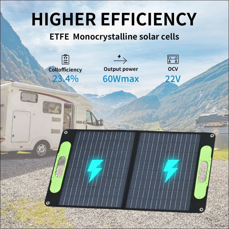 Tragbares faltbares solarpanel mit grünen griffen und blauen blitzsymbolen.