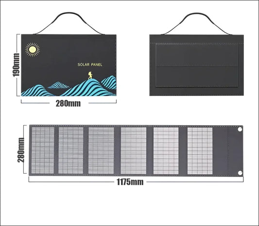 Tragbares, faltbares solarpanel-ladegerät mit einem stilisierten bergdesign auf dem deckel.