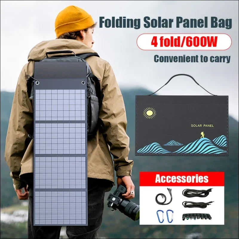 Faltbare solarmodul-tasche mit 600 w leistung, die als rucksack oder handkoffer getragen werden kann.