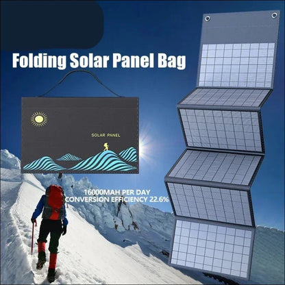 Faltbare solarmodul-tasche mit mehreren modulen, die für den gebrauch aufgeklappt werden können.