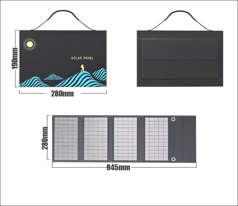 Tragbares, faltbares solarpanel-ladegerät mit einem stilisierten bergdesign auf der vorderseite.