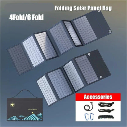 Faltbare solarzellentasche mit mehreren paneelen, die für den gebrauch aufgeklappt werden können.