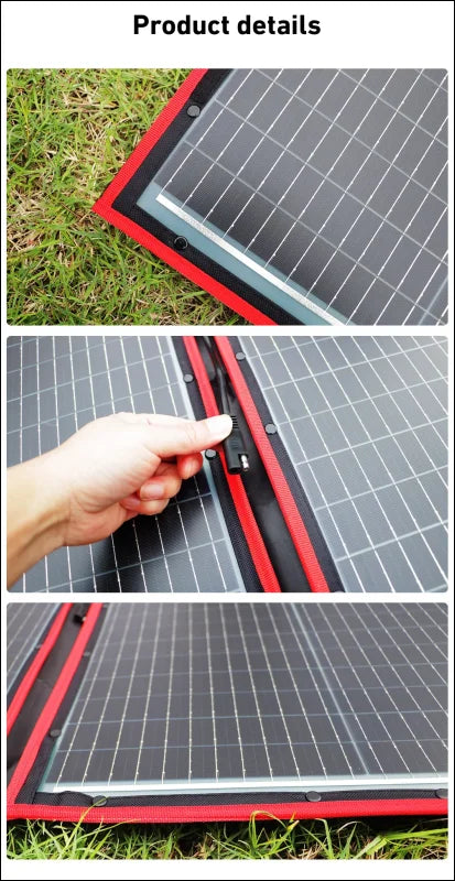 Tragbares solarpanel mit rotem rand und faltbarem design.