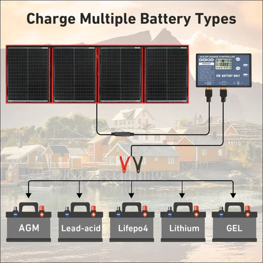 Diagramm mit solarmodulen, die mehrere batterietypen über einen regler laden.