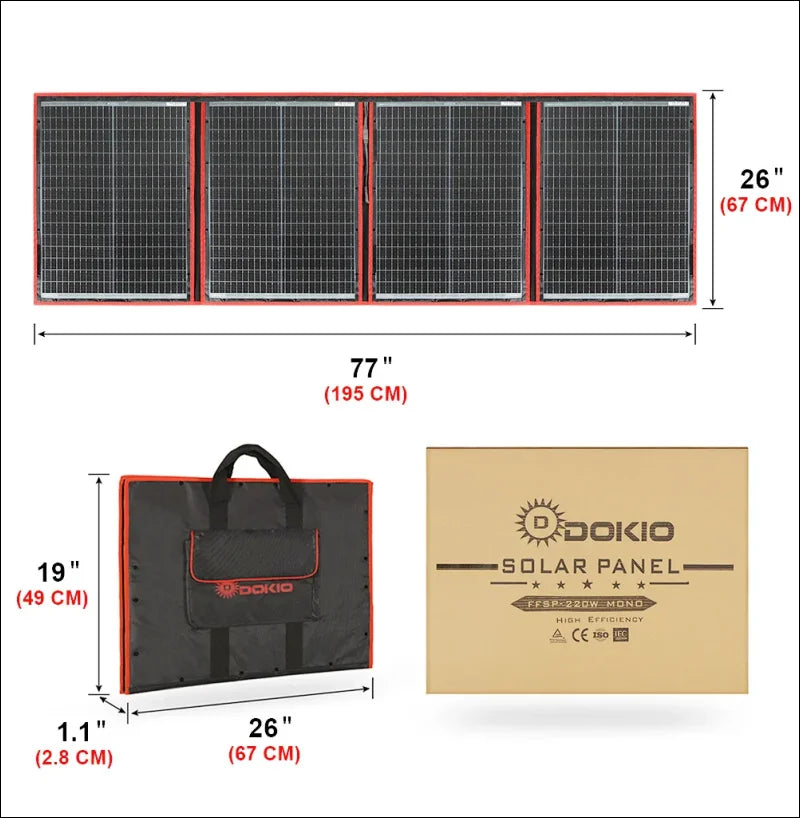 Zusammenklappbares solarpanel-array mit tragetasche und produktbox.