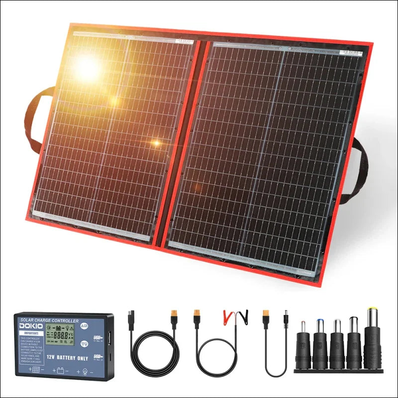 Tragbares, faltbares solarpanel mit dazugehörigem laderegler und anschlusszubehör.