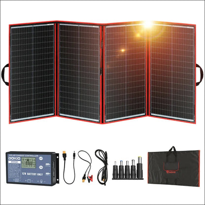 Faltbares solarmodul mit roter zierleiste und dazugehörigem ladezubehör.