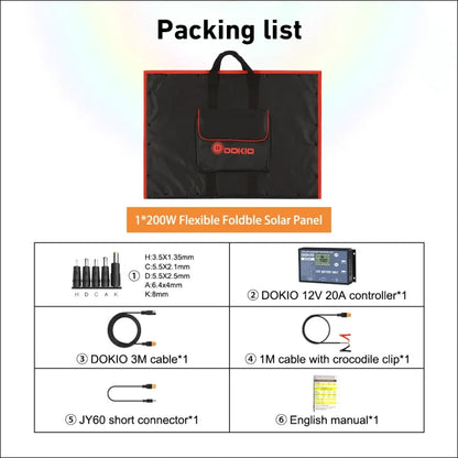 Packliste für ein flexibles, faltbares 200w-solarpanel mit zubehör.