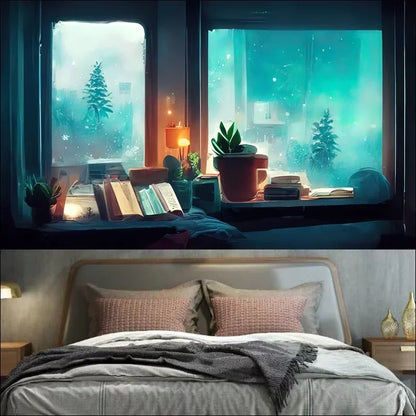 Gemütliches schlafzimmer mit einem fensterplatz voller bücher und pflanzen mit blick auf eine verschneite, himmlische landschaft.