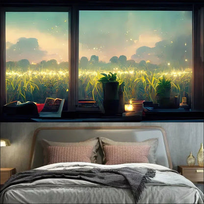 Gemütliches schlafzimmer mit großem fenster und blick auf ein magisches, leuchtendes feld in der abenddämmerung.