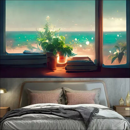 Gemütliches schlafzimmer mit fenster und blick auf das meer.