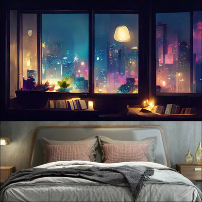 Gemütliches schlafzimmer mit einem atemberaubenden blick durch große fenster auf eine pulsierende stadtlandschaft.