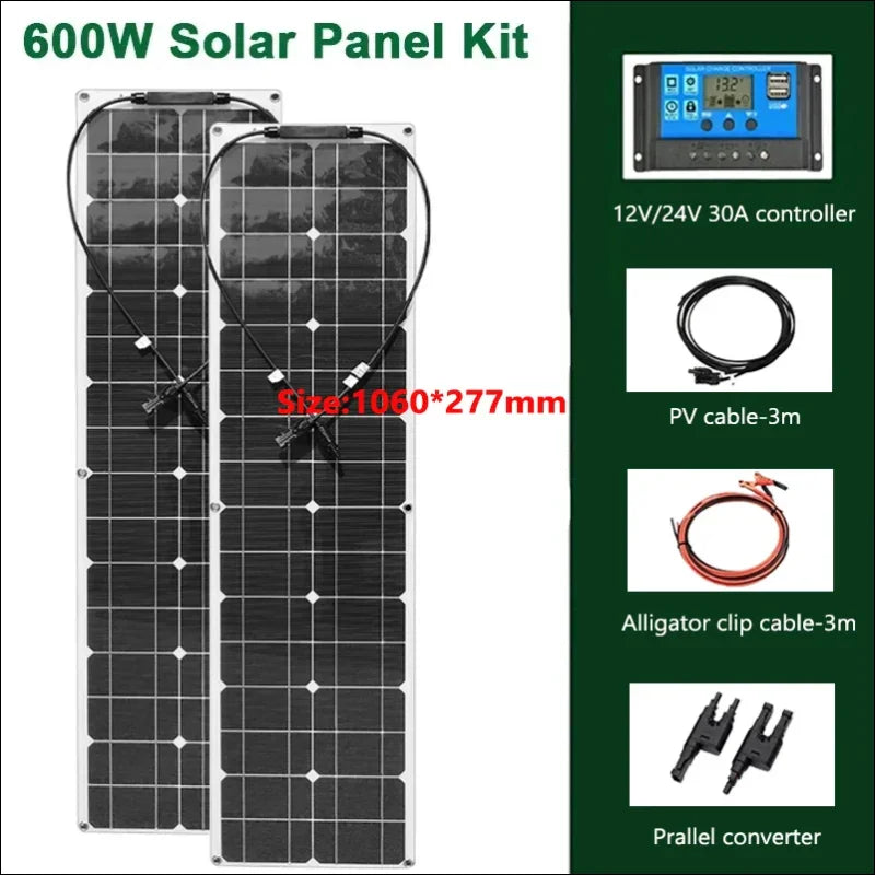 600-w-solarmodul-kit mit zwei flexiblen modulen und dem dazugehörigen zubehör.