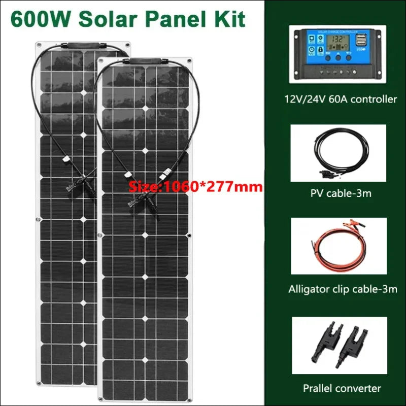 600-w-solarpanel-bausatz mit zwei flexiblen paneelen und entsprechendem zubehör.