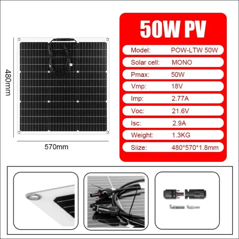 Monokristallines 50-w-solarmodul mit technischen daten und abbildungen von zubehör.