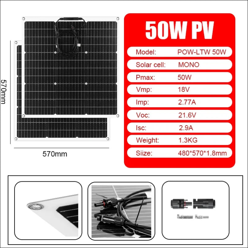 50w monokristallines solarmodul mit detaillierten spezifikationen und zubehörbildern.