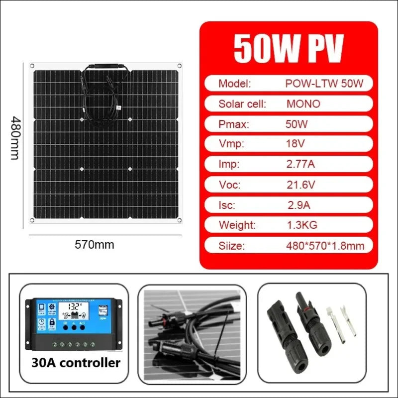 Monokristallines 50-watt-solarmodul mit zugehörigem regler und anschlüssen.