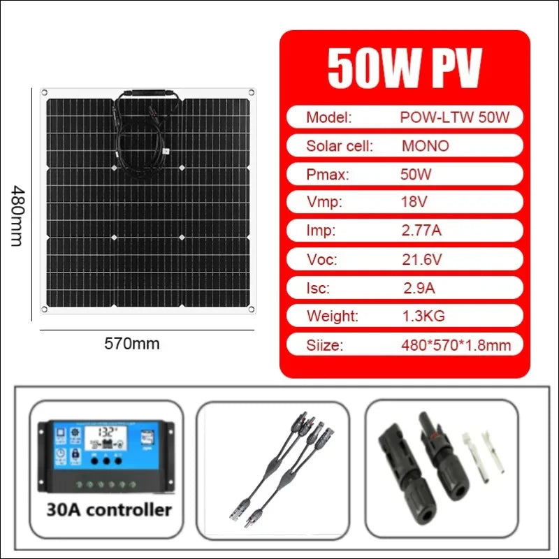 Monokristallines 50w solarmodul mit technischen daten und zubehör.