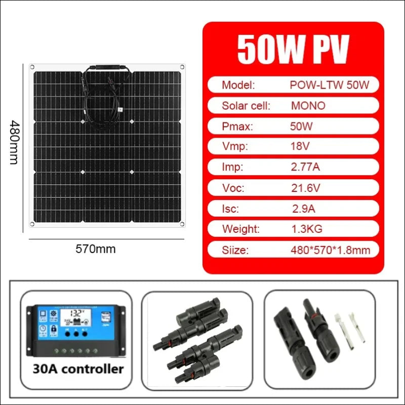 50w monokristallines solarmodul mit zugehörigem regler und anschlüssen.