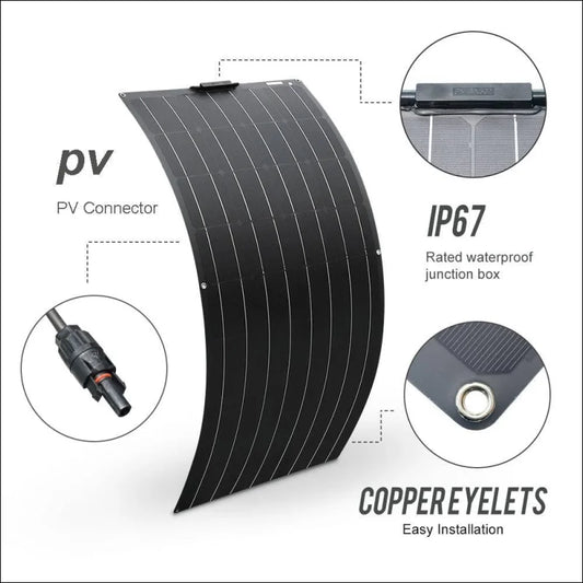 Flexibles solarpanel zum erweitern 970x540 mm mit pv-anschluss, wasserdichtem gehäuse, ösen