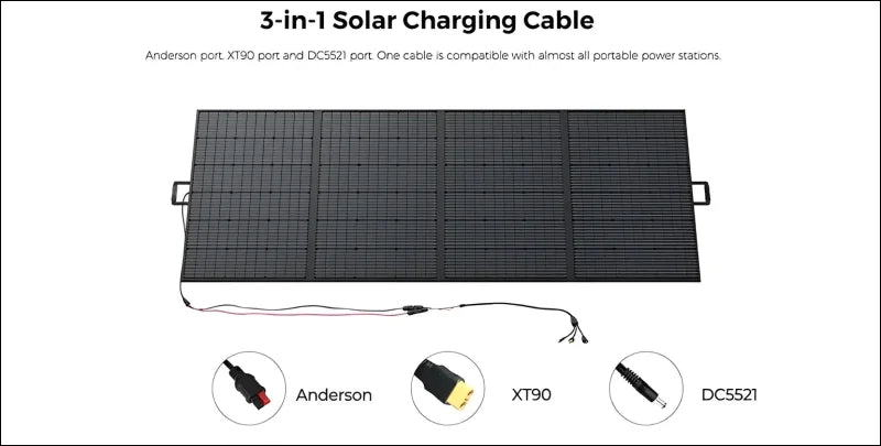 Faltbares solarpanel mit einem 3-in-1-ladekabel mit anderson-, xt90- und dc5521-steckern.