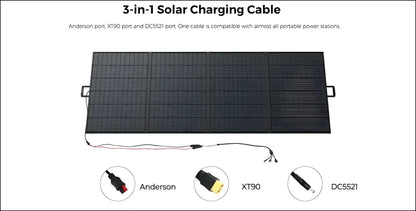 Faltbares solarpanel mit einem 3-in-1-ladekabel mit anderson-, xt90- und dc5521-steckern.